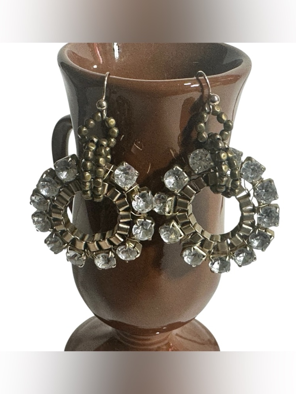 Beaded Rhinestone Dangle Earrings Edgy Glamour Brass Tone Boho Chic